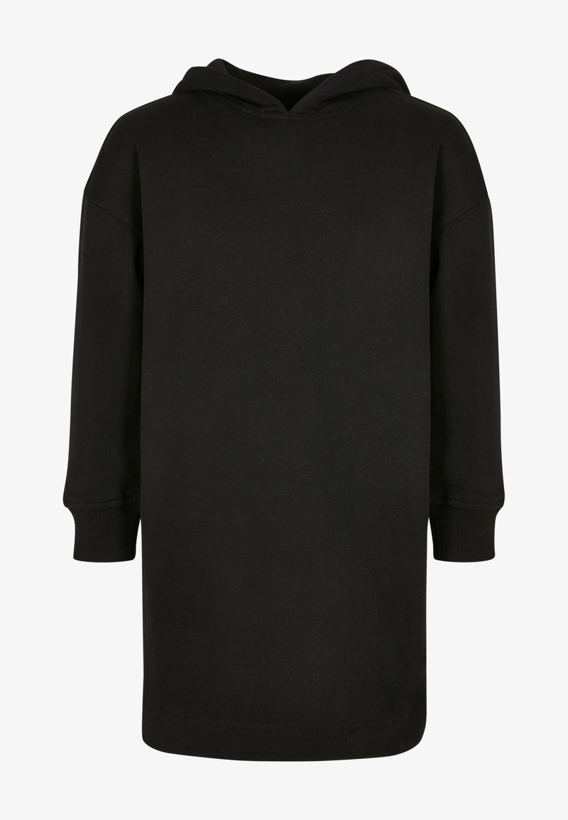 Robe sweat à capuche noire à coupe décontractée, manches longues, poignets côtelés et texture lisse et douce. Sans motifs ni accents supplémentaires.