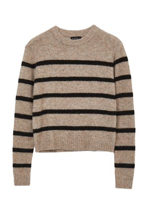 Pull en tricot beige avec des rayures horizontales noires, col rond, et poignets et ourlet côtelés. Tissu texturé avec une apparence douce.