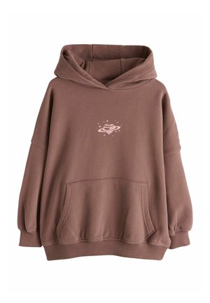 Brauner oversized Hoodie mit Fronttasche und hellrosa Planet- und Sternengrafik in der Mitte auf der Brust.