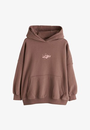 Bruine oversized hoodie met voorvak en een lichtroze planeet- en sterrenafbeelding gecentreerd op de borst.