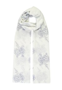 Witte sjaal met een delicaat blauw paisley- en bloemenpatroon, gemaakt van lichtgewicht stof, met een zachte, gladde textuur.