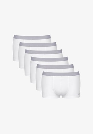 Baltie kokvilnas bokseršorti ar mīkstu pelēku elastīgu jostu; klasiskā piegriezte un minimālistisks dizains. Sešu pāru komplekts.