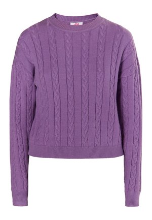 Lila pletena pulover z okroglim izrezom, dolgimi rokavi in ribanim robom na rokavih in spodnjem delu. Tkanina je mehka in topla.