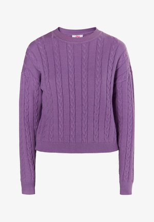 Paarse kabelgebreide trui met een ronde hals, lange mouwen en ribbels aan de uiteinden en onderkant. De stof is zacht en warm.