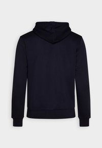 Sweat à capuche bleu marine avec une capuche doublée, des poignets et un ourlet côtelés. Texture lisse, sans motifs visibles, et un design simple. Vue arrière uniquement.