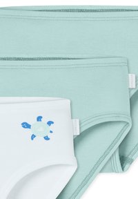 Zestaw trzech bawełnianych majtek: dwie jasnoniebieskie jednolite i jedna biała z graficznym wzorem niebieskiej żółwicy. Posiadają elastyczne paski w talii oraz gładką fakturę.