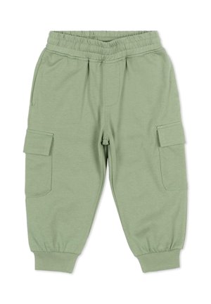Lichtgroene peuter cargo-broek met elastische tailleband, zijflapzakken en omgeslagen enkels op een witte achtergrond.