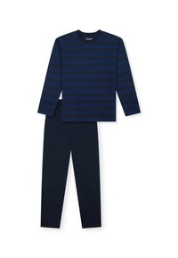 Marineblaues Langarmoberteil mit horizontalen blauen Streifen, kombiniert mit passenden einfarbigen marineblauen Hosen aus weichem Stoff.