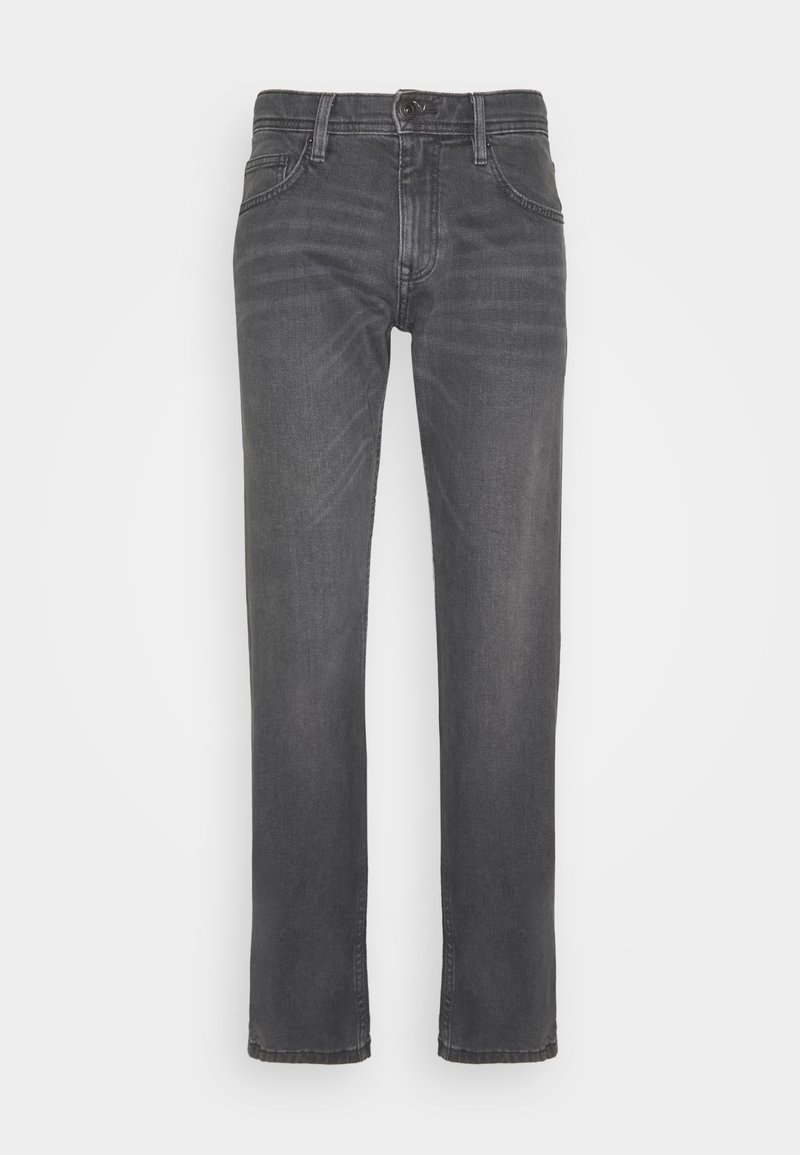 Jean droit gris foncé en denim, doté de cinq poches, d'une fermeture à bouton et à glissière, avec un léger effet délavé le long des jambes.