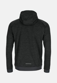 Dunkelgrauer Kapuzenpullover mit langen Ärmeln, gerippten Bündchen und Saum, von hinten gesehen mit kleinem Swedemount-Logo nahe dem unteren Saum.