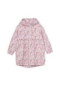Jachetă roz deschis cu un model floral în nuanțe de roz închis și lilac. Dispune de glugă, fermoar frontal și două buzunare frontale. Design de lungime până la talie.