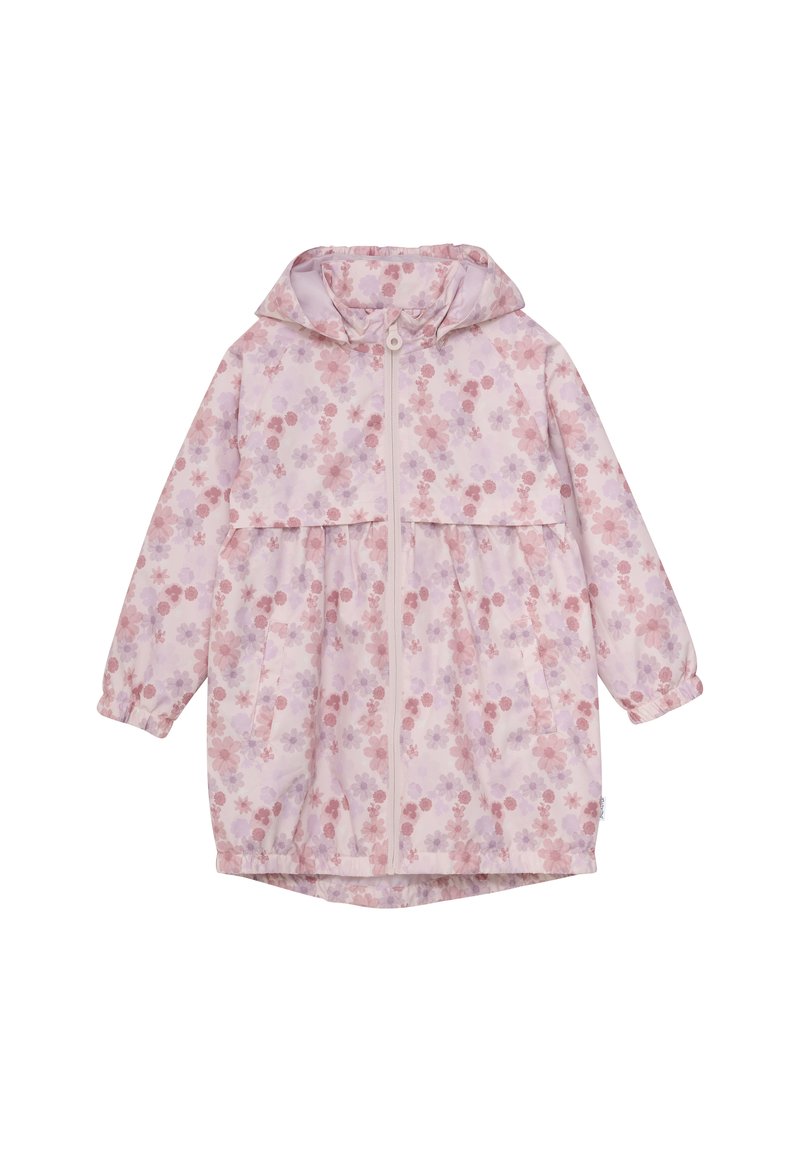 Light pink jacket with a floral pattern in darker pink and lilac. Features a hood, front zip, and two front pockets. Waist-length design.