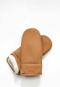 Brown leather mittens with a soft white fur lining, featuring a stitched cuff and a small metal accent on the seam.