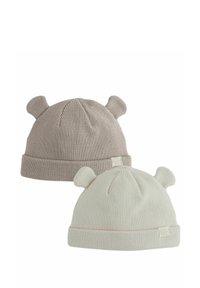 Zwei gestrickte Beanie-Mützen in hellbeige und cremefarben mit B�ärenohren, die eine gerippte Textur und einen umgeschlagenen Bündchen bieten.