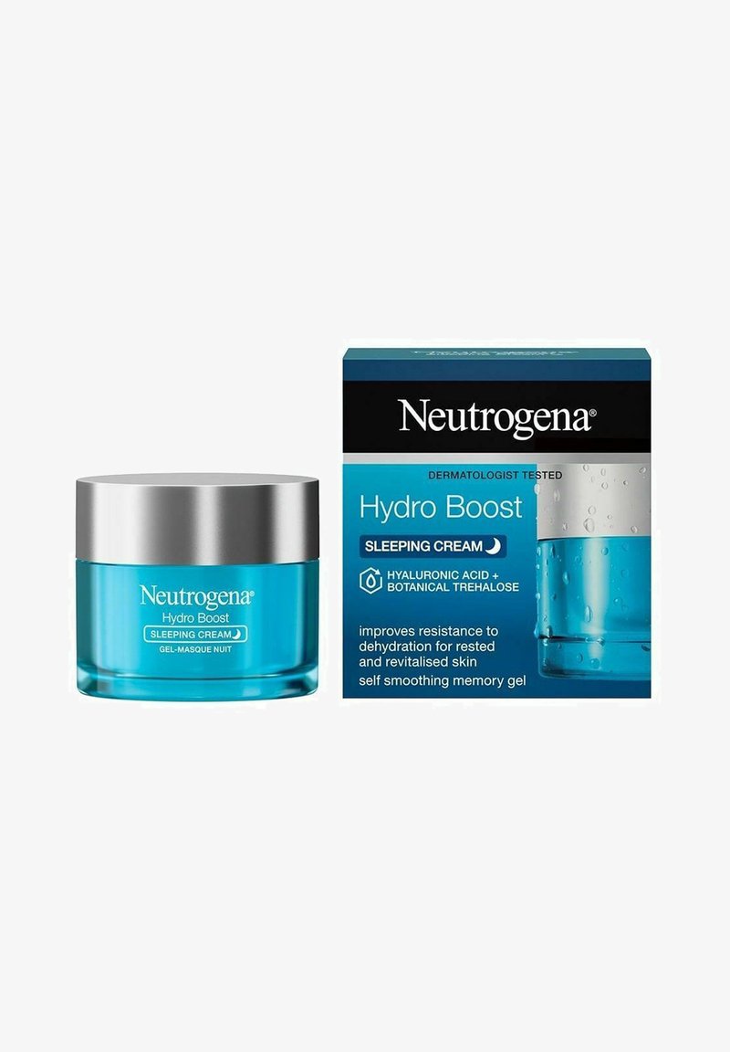 Neutrogena Hydro Boost Sleep Creme, blå glasbeholder med sølv låg, ved siden af en blå æske med oplysninger om hydrering og produktfordele.