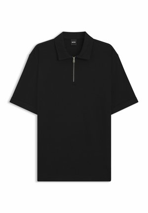 Zwarte polo shirt met korte mouwen en een ritskraag, gemaakt van zachte stof, met een minimalistisch ontwerp zonder zichtbare patronen of accenten.