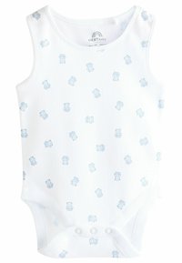 Biely bavlnený body s motívom svetlo modrého medvedíka, bez rukávov a so zapínaním na patentky na spodnej strane pre jednoduché obliekanie.