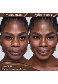 Sammenligning av makeuptransformasjon med mørk hud. Venstre side: hud med bare utseende. Høyre side: glatt, jevn hudtone med definerte trekk.