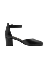 Chaussure noire en cuir à talon bas avec bout arrondi et bride à la cheville, vue de profil sur fond blanc.