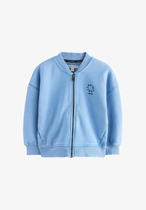 Jasnoniebieska bluzka z zamkiem błyskawicznym, wykonana z miękkiego materiału, z prążkowanym kołnierzem i mankietami, z małym czarnym logo na lewej piersi.