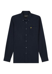 Camisa de manga larga azul marino, hecha de algodón, con cuello abotonado, que cuenta con un bolsillo en el pecho y un logo de águila bordado en amarillo.