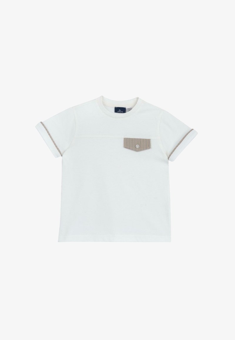 T-shirt pour tout-petit à manches courtes blanche avec poche rayée beige et finition assortie sur les manches retroussées.