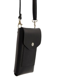 Schwarze Leder-Crossbody-Tasche mit strukturiertem Finish, Druckknopfverschluss und abnehmbarem Tragegurt mit Metallbeschlägen. Kompakte rechteckige Form.