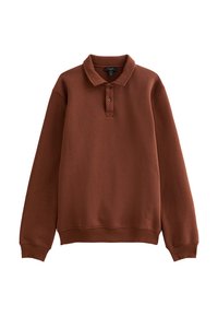 Brauner Polo-Sweatshirt aus weichem Stoff, mit einem Kragen, drei Knöpfen sowie gerippten Bündchen und Saum.