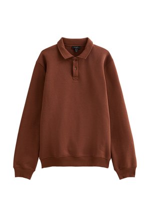 Sweatshirt polo marron en tissu doux, avec un col, trois boutons et des poignets et un ourlet côtelets.