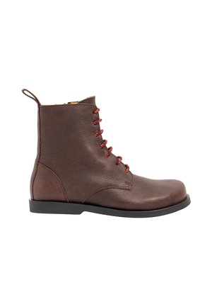 Brown leather ankle boot with red laces, rounded toe, pull tab at heel, and flat black sole shown in side profile on white background.