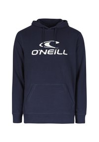 Navy blue hooded sweatshirt made of soft fabric, featuring a front pocket and a white logo on the chest. Classic design with ribbed cuffs.