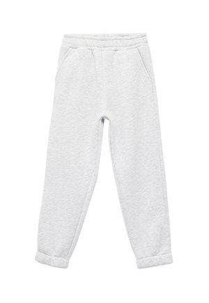 Helle graue Sweatpants aus weichem Material, mit elastischem Bund, seitlichen Taschen und umgeschlagenen Bündchen an den Knöcheln.