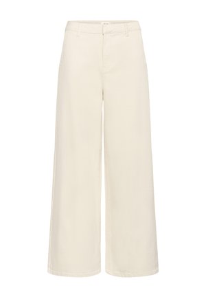 Pantaloni crem cu talie înaltă, croială largă, cu buzunare frontale, șlapi pentru curea și închidere frontală cu nasture ascuns și fermoar.