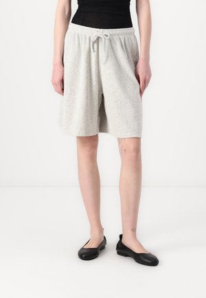 Light gray cotton blend shorts with an elastic waistband and drawstring, knee-length, featuring a soft texture and relaxed fit.