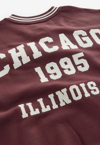Maroon värvitud dressipluus, millel on valge tekst: "CHICAGO 1995 ILLINOIS." Sisaldab ribaga kaelaosa valgete triipudega. Pehme kangast tekstuur.