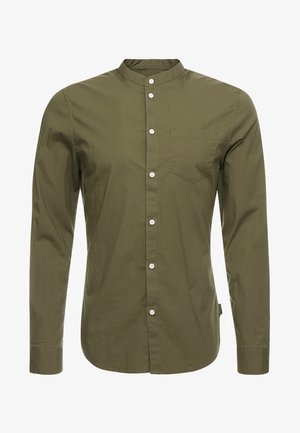 Olive green long-sleeve shirt with a buttoned mandarin collar, single chest pocket, and front button closure, made of smooth cotton fabric.