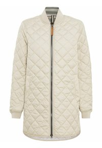 Hellbeige gesteppte Jacke mit einem gerippten Kragen, durchgehendem Reißverschluss und Seitentaschen. Sie hat eine glatte Textur und eine längere Silhouette.