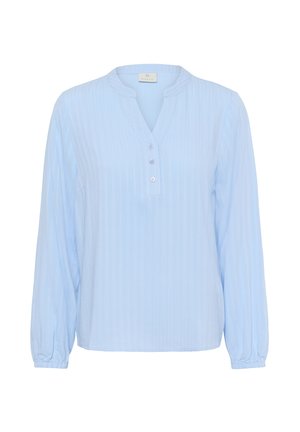 Light blue long-sleeve blouse with subtle vertical stripes, buttoned V-neck, and elastic cuffs.