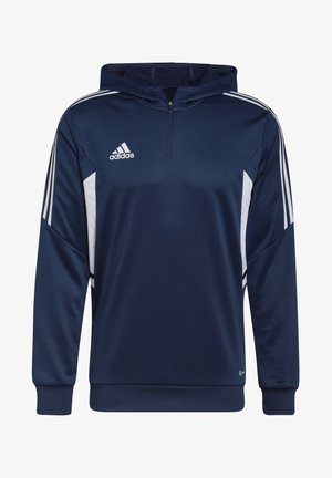 Granatowy, bawełniany sweatshirt z kapturem wykonany z gładkiego materiału, z ćwierć zamkiem, białymi akcentami po bokach oraz trzema białymi paskami na każdym rękawie.