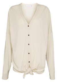 Beige, långärmad kavaj med V-hals, med en knut i midjan och mörkbruna knappar framtill. Mjuk tygtextur.