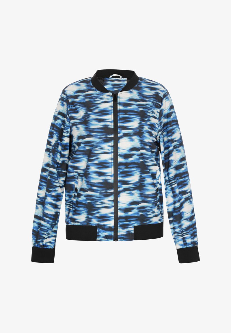 Blå og sort bomberjakke med bølgemønster, frontlynlås og sorte ribbemanchetter samt ribbet kant. Glat stof med et sporty design.
