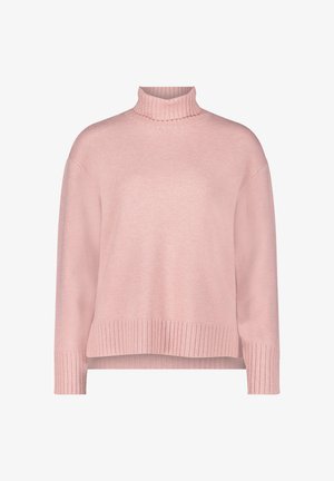 Pull rose avec un col roulé à côtes hautes, des manches longues et un ourlet côtelé. Texture douce et coupe décontractée.