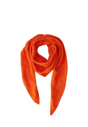 Fel oranje zachte sjaal, gevouwen met puntige uiteinden, getoond op een witte achtergrond.