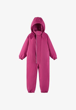 Salopette imperméable fuchsia avec capuche, poignets élastiques et fermeture éclair à l'avant. Fabriquée en tissu durable, avec un design simple et des accents minimes.