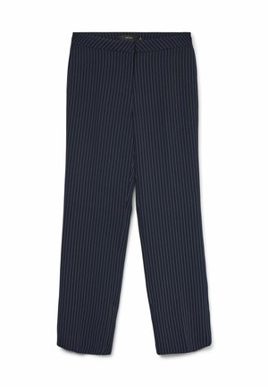 Marineblauwe broek met verticale witte streepjes, gemaakt van een gladde stof, met rechte pijpen en een nauwsluitende pasvorm. Middelhoog tailleband.