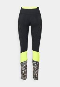 Svarta sport tights med midjeband och midja i neongul färg, samt leopardmönstrade detaljer vid underbenen.