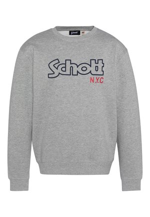 Grijze crewneck sweater met "Schott" in grote zwarte letters en "N.Y.C" in kleinere rode letters aan de voorkant.
