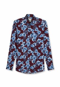 Langarm overhemd van bordeauxrode stof met een blauw bloemenpatroon. Voorzien van een puntige kraag en een knoopsluiting aan de voorkant. Soepele textuur.