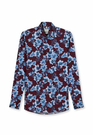 Langärmliges Hemd aus burgunderfarbenem Stoff mit einem blauen Blumenmuster. Verfügt über einen spitzen Kragen und eine Knopfleiste. Glatte Textur.