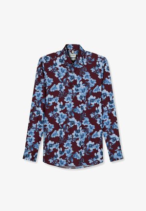 Langarm overhemd van bordeauxrode stof met een blauw bloemenpatroon. Voorzien van een puntige kraag en een knoopsluiting aan de voorkant. Soepele textuur.